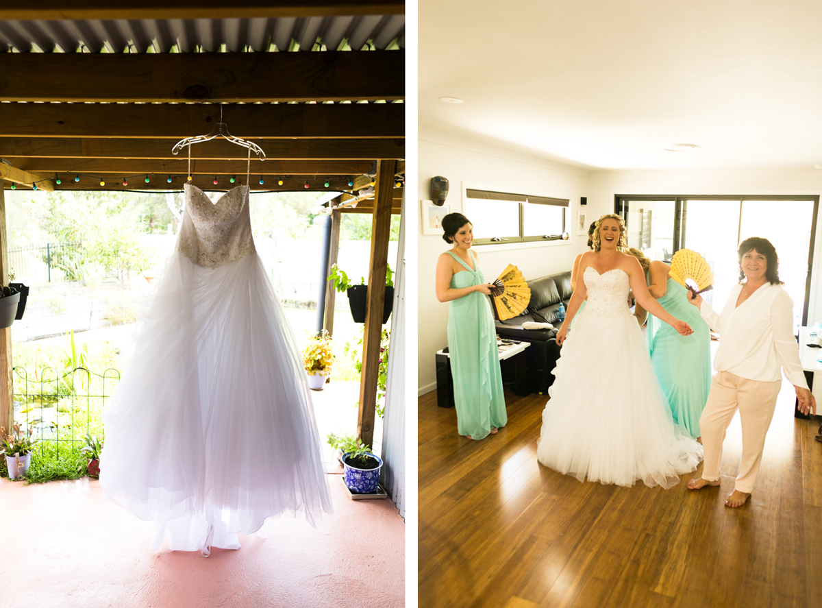 Dual shot of the wedding dress hanging from the ceiling of a wooden verandah roof beam and the bridesmaids lacing up the brides dress while holding fans and laughing Caves Beach wedding photography