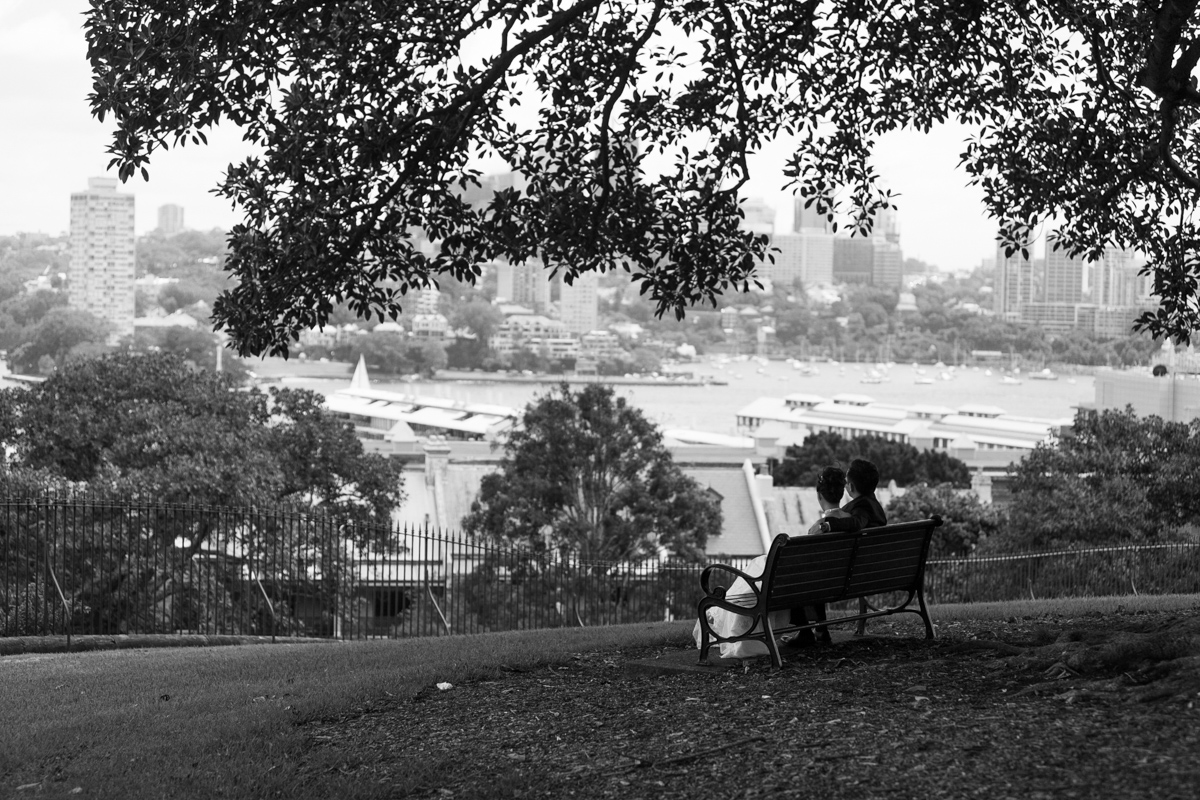 Black and white shot from behind of the bride and groom sitting on a park bench overlooking Sydney Harbour Sydney wedding photographer