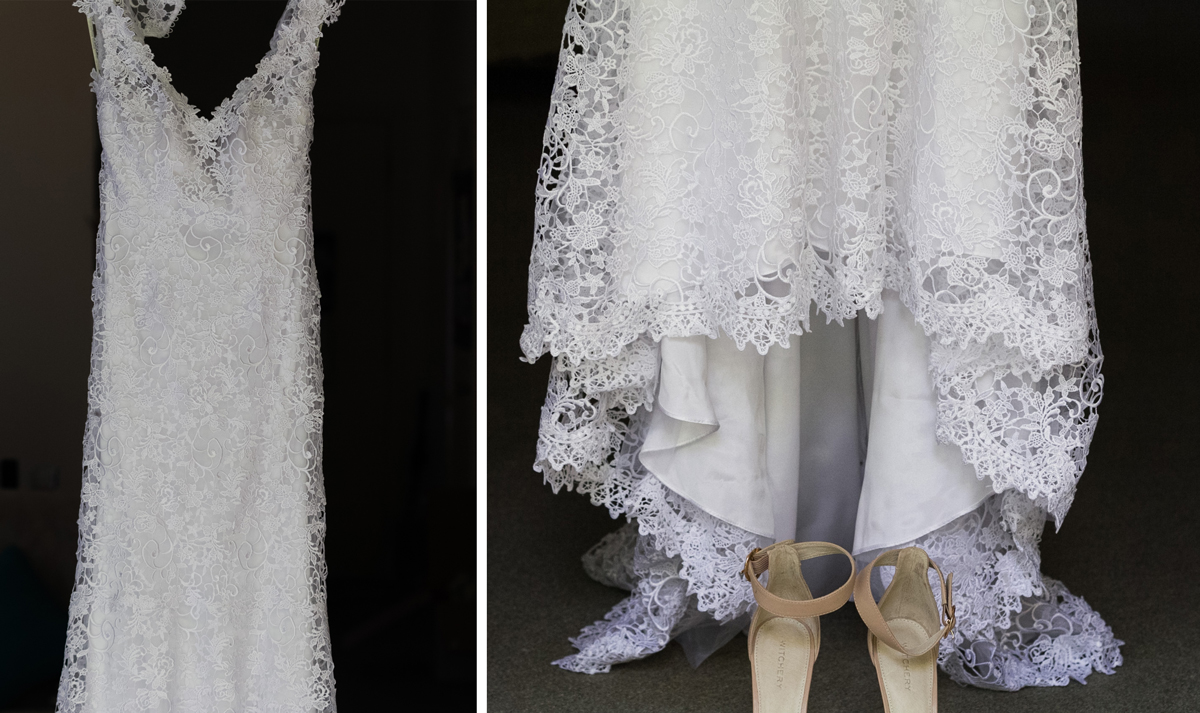 Dual shot of the bride's white lace wedding dress and ivory high heels Tocal Homestead wedding photographer