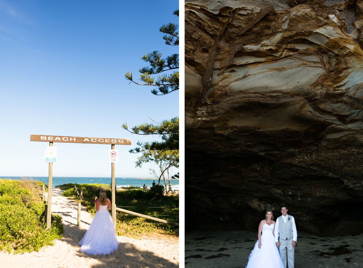Dual shot of the bride walking on to the beach under a wooden beach access sign with beautiful blue sky above her, and the bride and groom standing hand in hand in a natural beach cave Caves Beach wedding photography