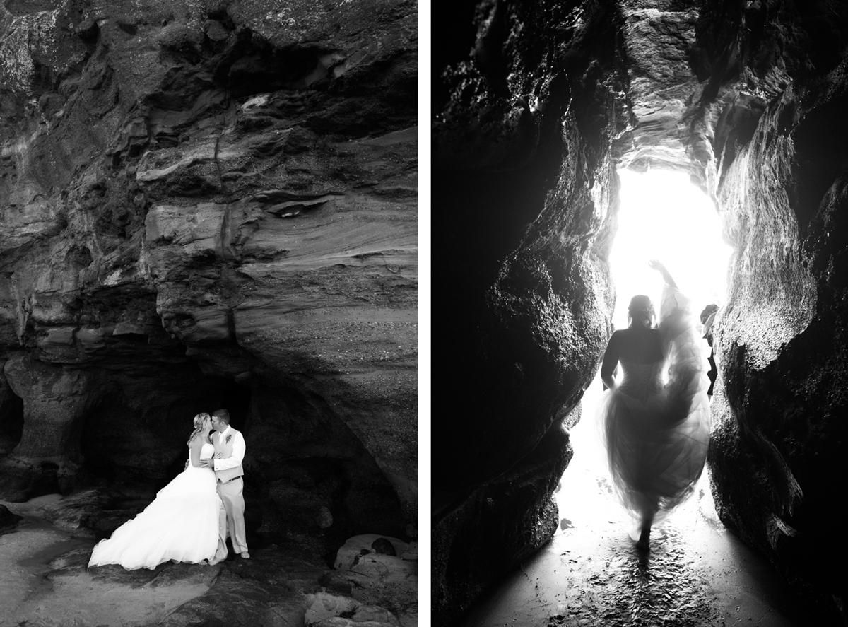 Bacl and white dual shots of the bride and groom kissing standing in a natural rock beach cave and the bride walking through a narrow walkway in the cave holding up her wedding dress with light streaming from behind her Caves Beach wedding photography