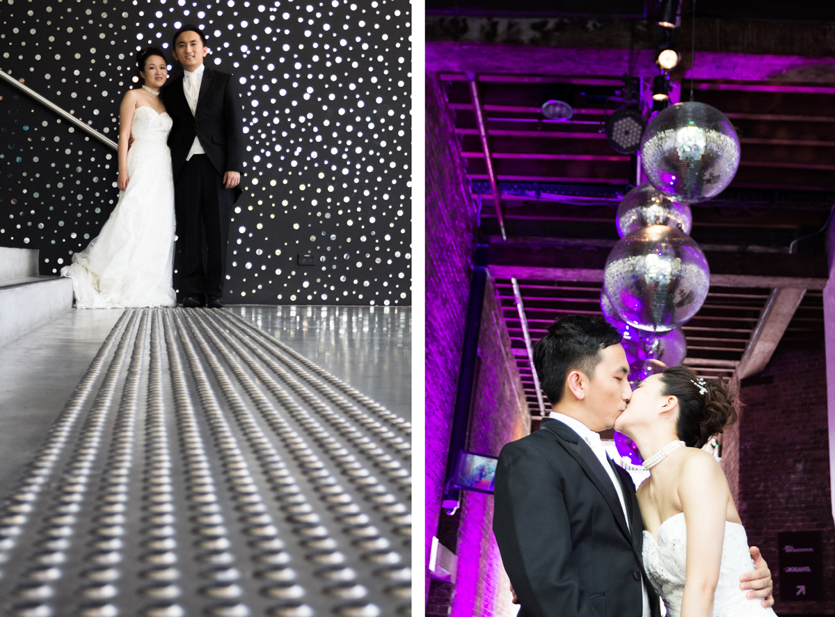 Dual shot of the bride and groom shot from low standing in front of a black wall covered in small round mirrors with the concrete ground in front of them, and the bride and groom kissing under hanging disco balls lit with a purple blue light Sydney wedding photographer